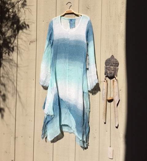 dyed linen dress blue gradients, summer linen dress, linen clothing