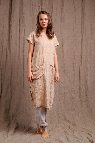 short sleeve  golden linen pocket dress dress, organic clothing, 