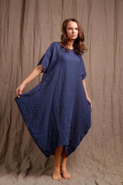 navy linen tank dress, organic dyed tank dress, linen clothing, short sleeve dyed linen dress 