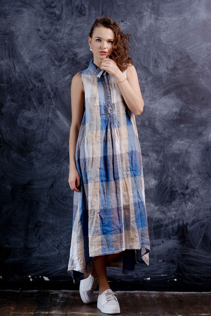 long colorful linen tank dress with front details