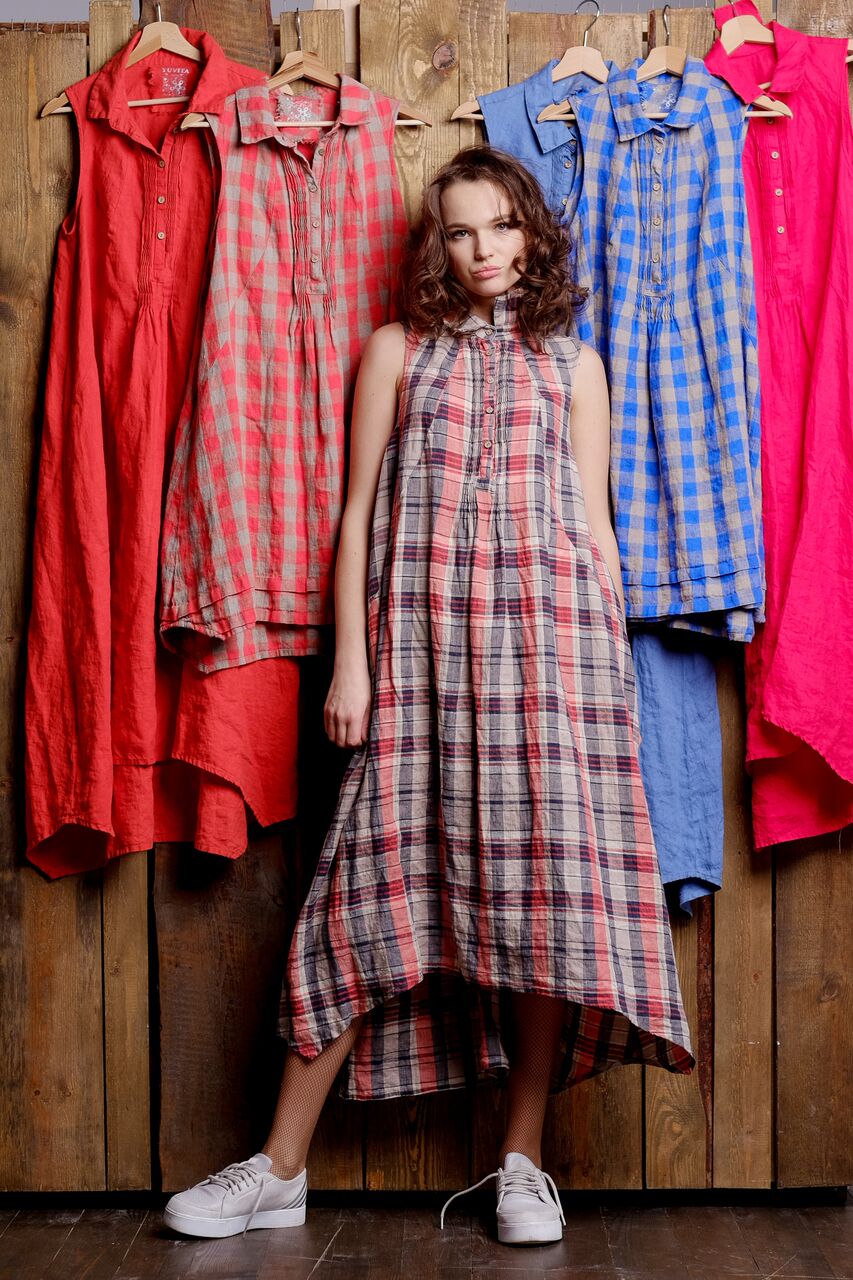 pure linen, colorful long linen dress with front details, no sleeves
