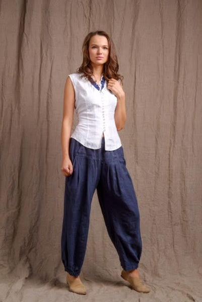 pure linen, casual outfit, top and navy comfy pants