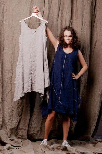 linen blue dress, sleeveles linen tank dress